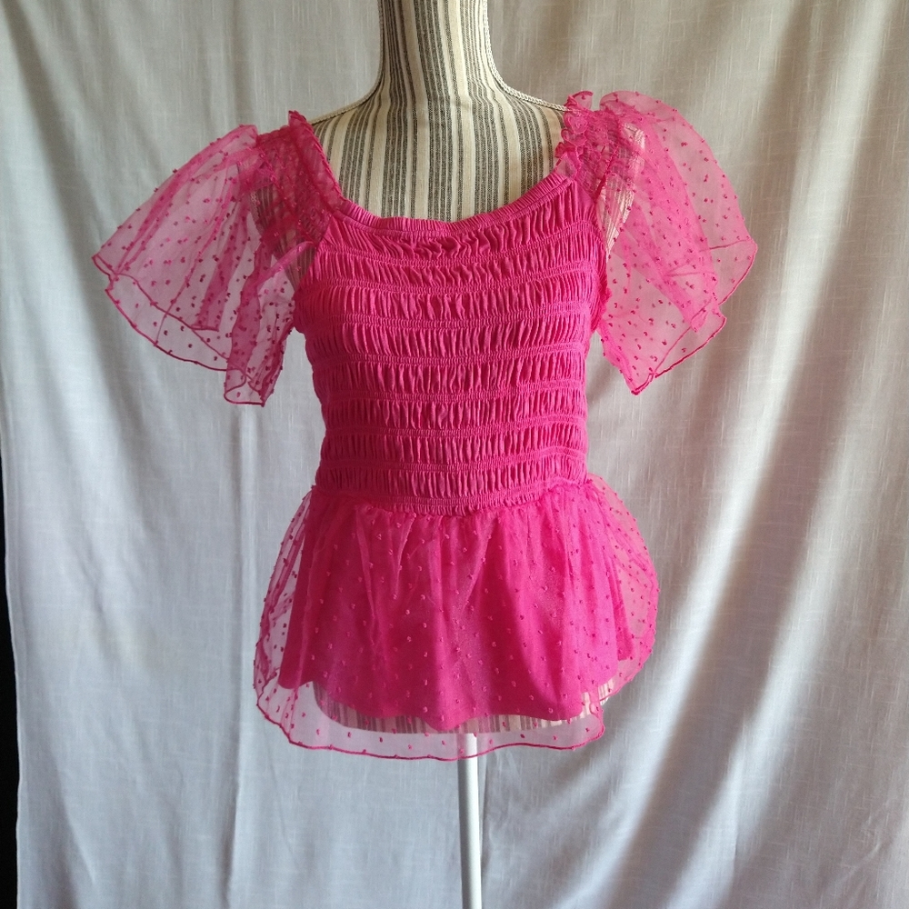 Fuchsia peplum tulle short sleeves top blouse size medium